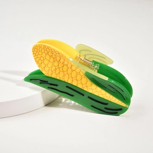 Realistic corn shaped hair claw clip in yellow and green acetate with gold spring