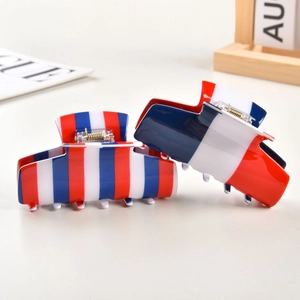 Pince à Cheveux Crabe Vintage Français à Rayures Rouge Blanc Bleu Grande Pince en PVC Résine Accessoires Cheveux pour Femmes