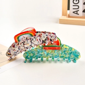 Set di 2 mollette per capelli in acetato con motivi arcobaleno e anguria e strass