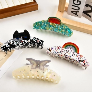 Set di quattro mollette per capelli in acetato a farfalla gatto e arcobaleno con strass