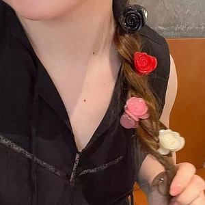 Set of four mini 3D rose flower hair claws in black, red, pink, and cream white colors