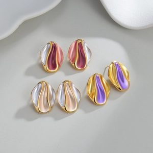 Chic irregular wavy gold earrings set with colorful enamel drip glaze texture