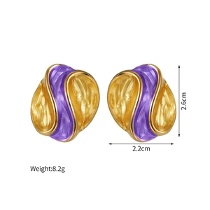 Detail showing gold twisted round earrings with purple enamel and dimensions 2.6cm by 2.2cm