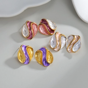 Irregular round enamel stud earrings in colorful drip oil and stainless steel design