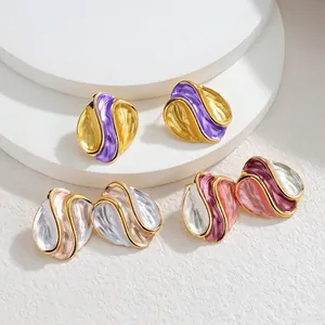 Irregular round enamel stud earrings set with colorful pleated texture in stainless steel