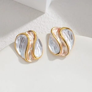 Minimalist gold plated stainless steel irregular wavy earrings with pink enamel drip oil