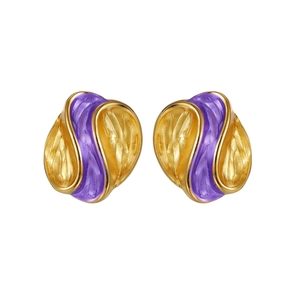 Golden irregular wavy stud earrings with purple enamel contrast and texture