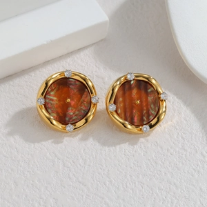 French vintage amber shell stud earrings with gold plating and round diamond accents