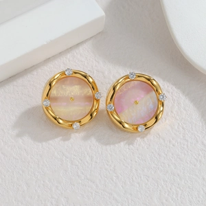 French vintage iridescent shell stud earrings with gold rim and zircon stones