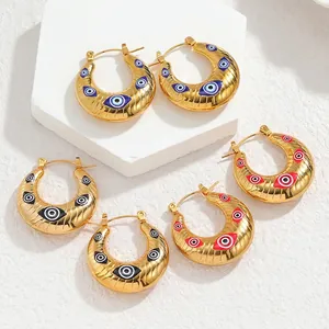 Boucles d'oreilles créoles C en acier doré rétro avec motifs oeil maléfique émaillés