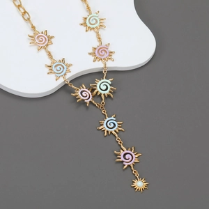 Irregular sun-shaped macaron enamel necklace with a gold Y-shaped pendant design
