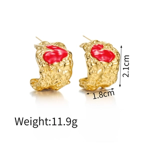 Irregular textured gold earrings with red heart enamel showing size 2.1cm and 1.8cm