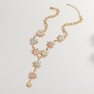 Golden stainless steel sun pendant necklace with macaron enamel spiral charms