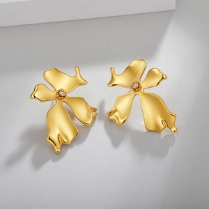 Vintage style matte gold floral earrings with crystal center petal design for women