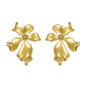 Vintage style gold floral petal earrings with sparkling center crystals on white background