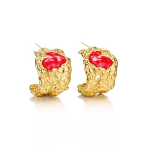 Irregular gold lava textured hoop earrings with red enamel heart drop for women