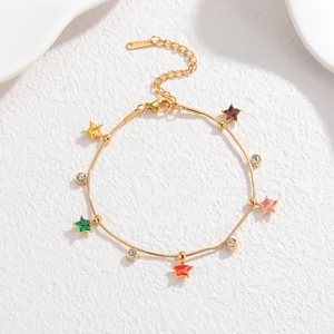 Gold stainless steel bracelet with rainbow star charms and clear zircon stones