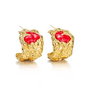 Irregular Pleated Stainless Steel Heart Hoop Earrings For Women Gold Red Enamel Geometric Drip Oil Earrings Fashion Jewelry