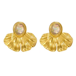 Boucles d'Oreilles Clous Feuille de Ginkgo Or Rétro Français Pour Femme Acier Inoxydable Nacre Ovale Incrusté Bijoux Élégants