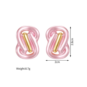 Detailed size view of pink enamel and gold striped earrings, 2.8cm height and 2cm width