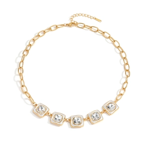 French vintage stainless steel gold necklace with five square crystal pendants