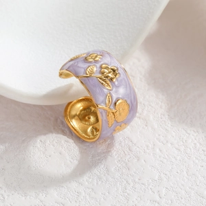 Vintage lavender purple floral open ring with golden embossed flower patterns