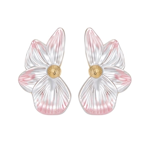 Pink and white gradient flower petal earrings with golden textured stamen center