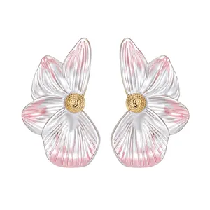 Stainless Steel Flower Petal Earrings For Women Minimalist Pink White Gradient Floral Drop Earrings Fashion Jewelry