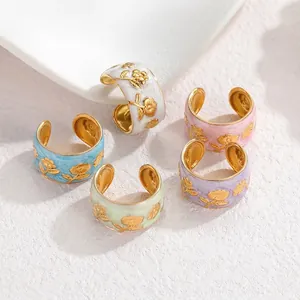 Vintage Stainless Steel Enamel Floral Open Ring Gold Plated Sunflower Relief Adjustable Finger Jewelry For Women Daily