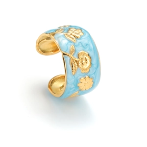 Vintage gold open ring with light blue enamel and embossed floral pattern on white background