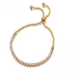 Adjustable gold tennis bracelet featuring round cubic zirconia in ten vibrant color options