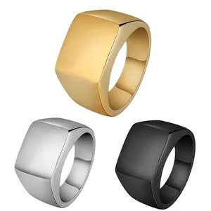 Minimalist Titanium Steel Signet Ring For Men Square Polished Band Punk Style Stainless Steel Geometric Ring Jewelry