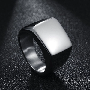 Polished stainless steel punk square signet ring for men with minimalist flat top surface