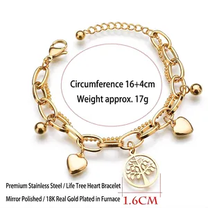 18K gold plated stainless steel layered bracelet with tree of life and heart charms