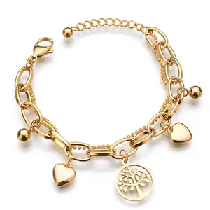 Women's Gold Multi-layer Stainless Steel Bracelet With Heart And Tree Of Life Charms Adjustable Bohemian Jewelry Gift