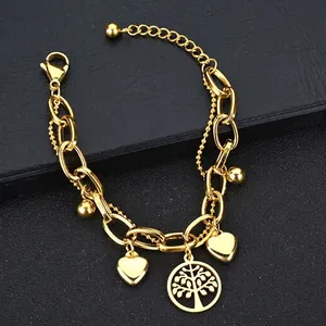 Multilayer gold stainless steel heart and tree of life charm bracelet for women
