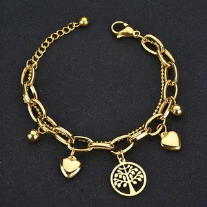 Golden titanium steel multi-layer bracelet with heart and tree of life pendants