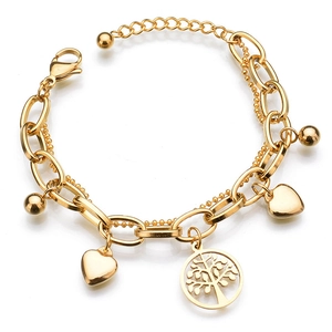 Double-layer gold stainless steel bracelet featuring heart and life tree pendants