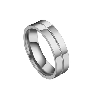 Detailed view of silver titanium steel ring featuring a sleek horizontal groove design