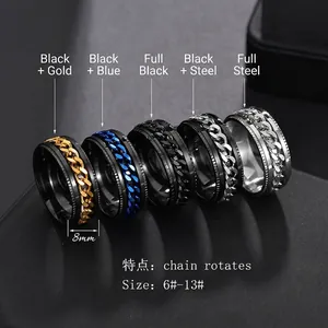 Mens 8mm rotatable stainless steel chain ring set in five colors for stress relief