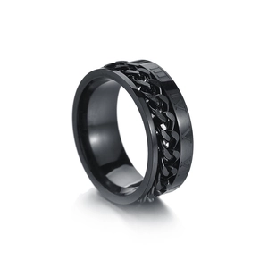Anillo punk para hombre de acero inoxidable negro con números romanos y cadena giratoria