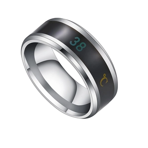 Detail of smart temperature sensor ring showing silver finish and numeric 38 Celsius display