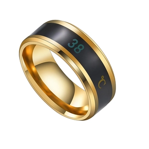 Minimalist gold stainless steel smart temperature ring with black enamel and 38C display