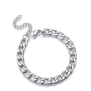 Polished stainless steel NK cuban link bracelet with adjustable chain on white background