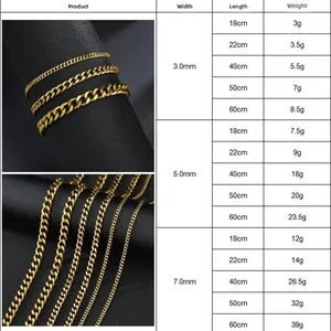 Size chart for gold stainless steel Cuban link chains with weight and length details