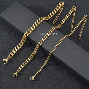 Three gold plated stainless steel Cuban link bracelets in various widths with lobster clasp