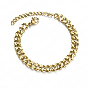 Polished 18k gold plated Cuban chain bracelet with lobster clasp and adjustable tail link