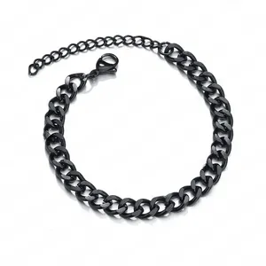 Detail of black stainless steel Cuban link bracelet with lobster clasp and extension chain