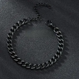 Detailed view of black stainless steel Cuban link bracelet with lobster clasp and extension