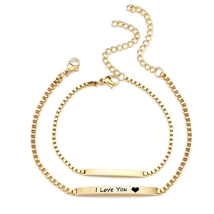 Golden stainless steel box chain couple bracelets with I Love You engraved metal plate